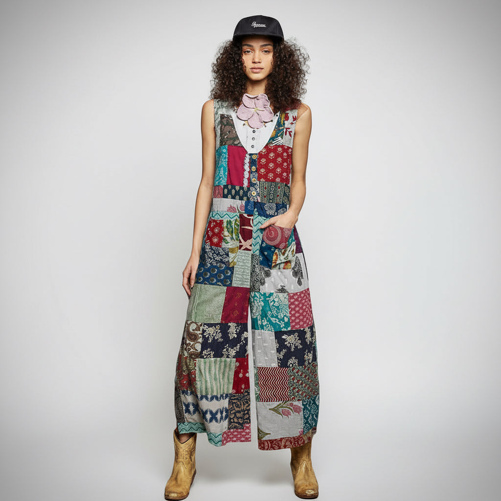 POL Patchwork Wide Leg Sleeveless Jumpsuit in Sage Multi