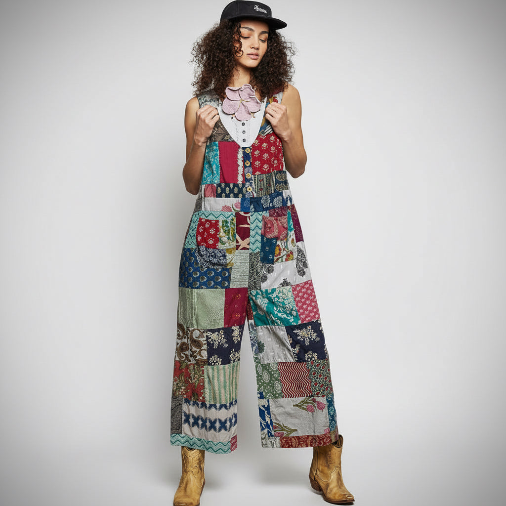 POL Patchwork Wide Leg Sleeveless Jumpsuit in Sage Multi