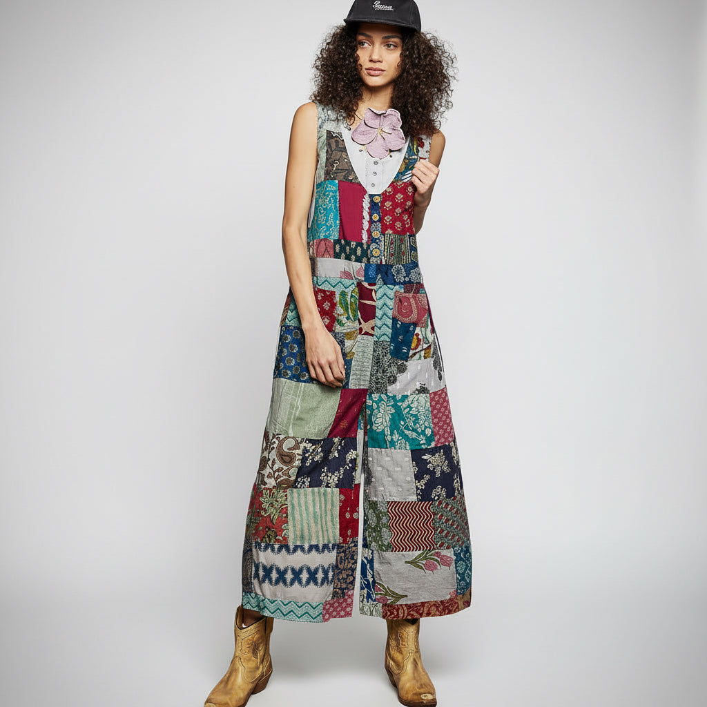 POL Patchwork Wide Leg Sleeveless Jumpsuit in Sage Multi