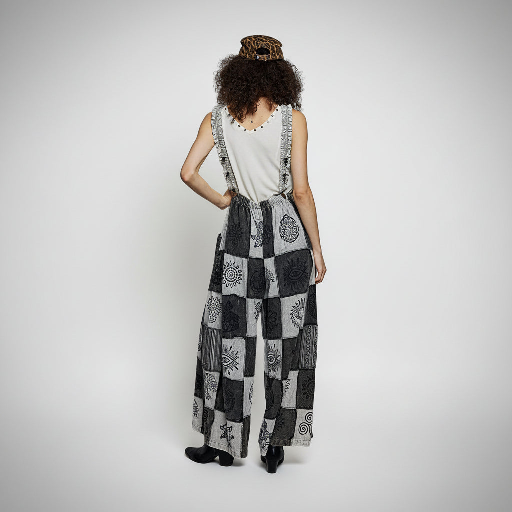 POL patchwork ruffle strap overalls in black multi, relaxed one-piece fit, front view - BellanBlue
