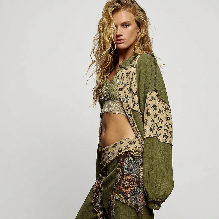Woman wearing a green and patterned outfit against a gray background