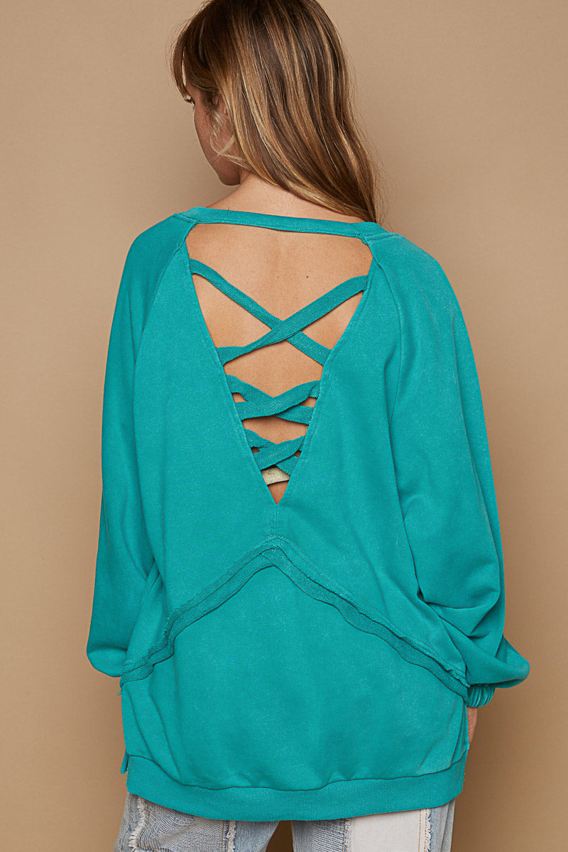 Criss-Cross Back Black Sweatshirt – Relaxed Fit Cozy Women's Top