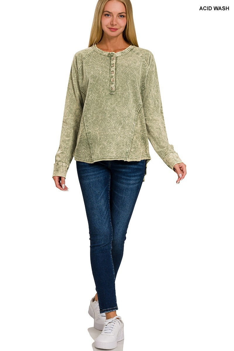 Washed French Terry Button Henley Raglan Top