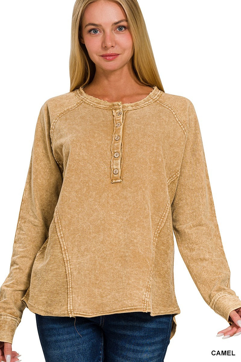 Washed French Terry Button Henley Raglan Top