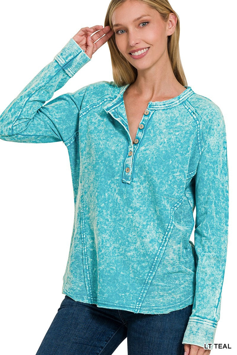 Washed French Terry Button Henley Raglan Top