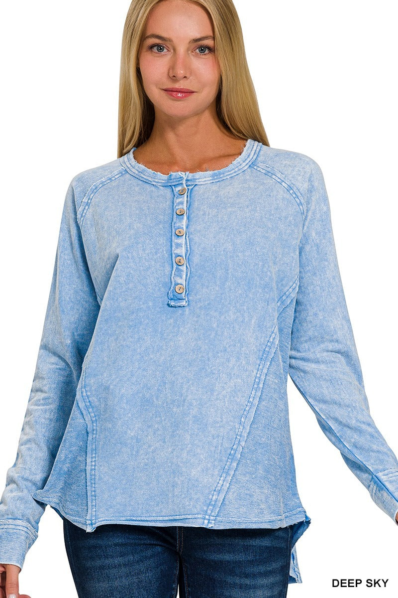 Washed French Terry Button Henley Raglan Top