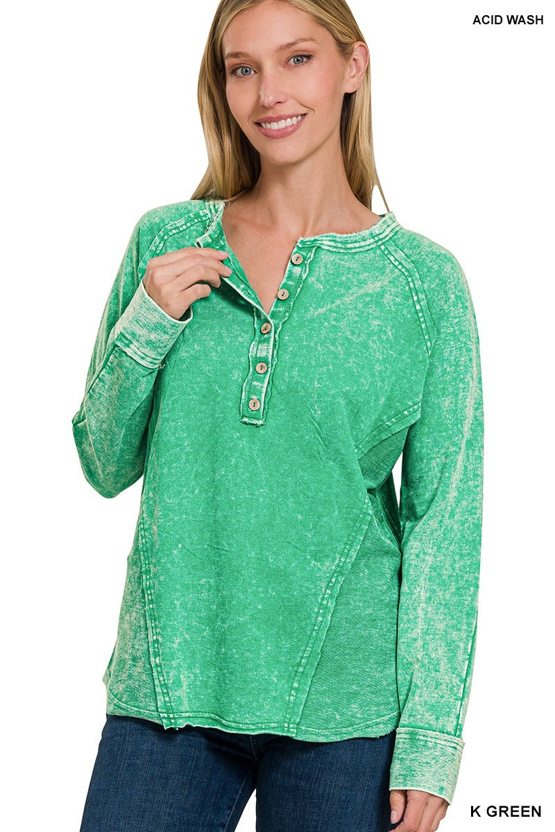 Washed French Terry Button Henley Raglan Top