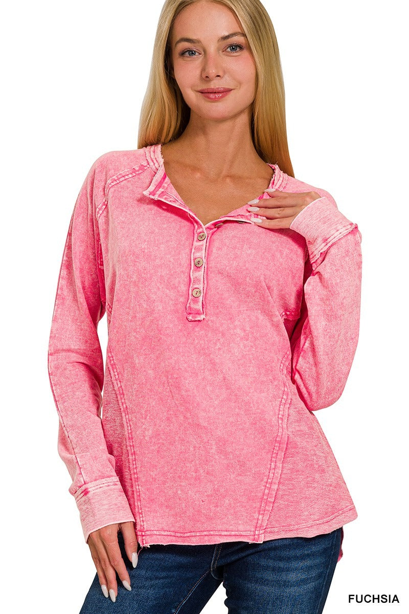 Washed French Terry Button Henley Raglan Top