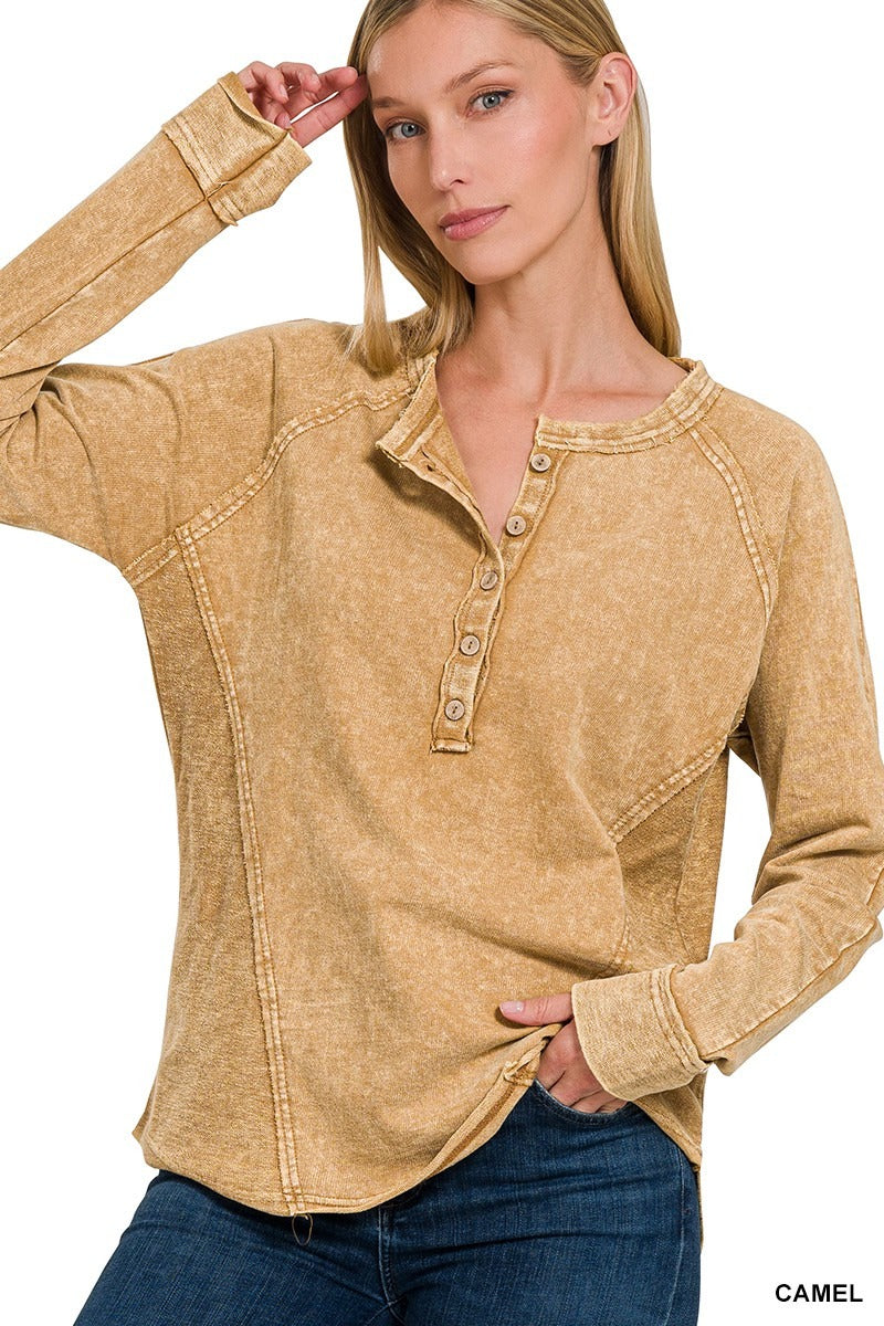 Washed French Terry Button Henley Raglan Top
