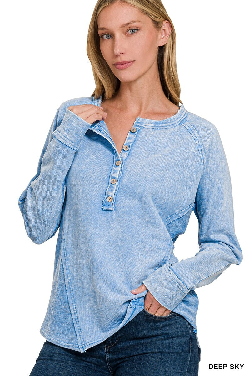Washed French Terry Button Henley Raglan Top