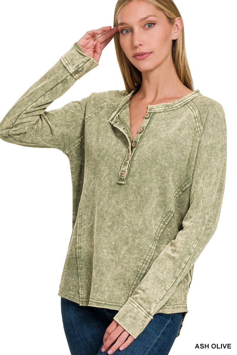 Washed French Terry Button Henley Raglan Top