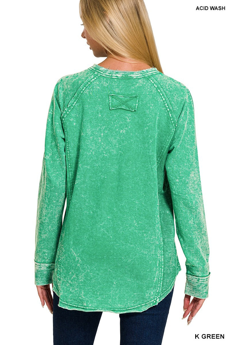 Washed French Terry Button Henley Raglan Top