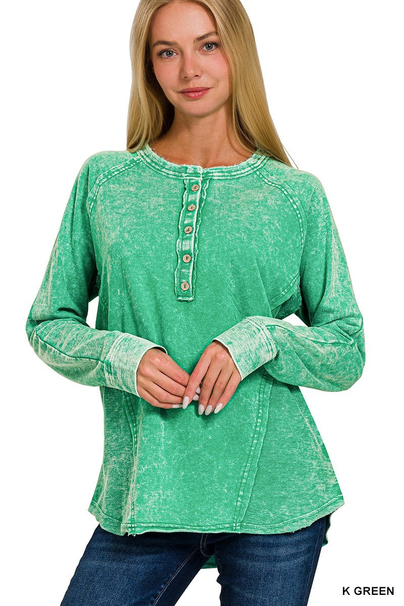 Washed French Terry Button Henley Raglan Top