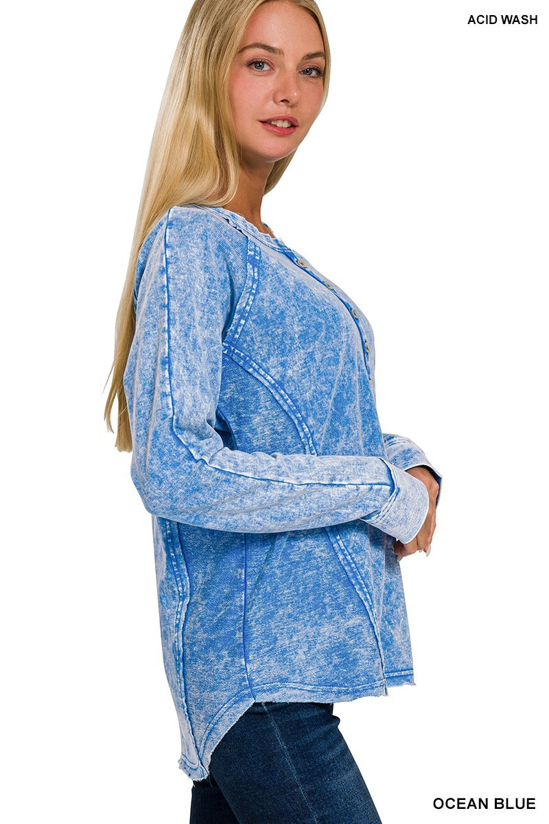 Washed French Terry Button Henley Raglan Top