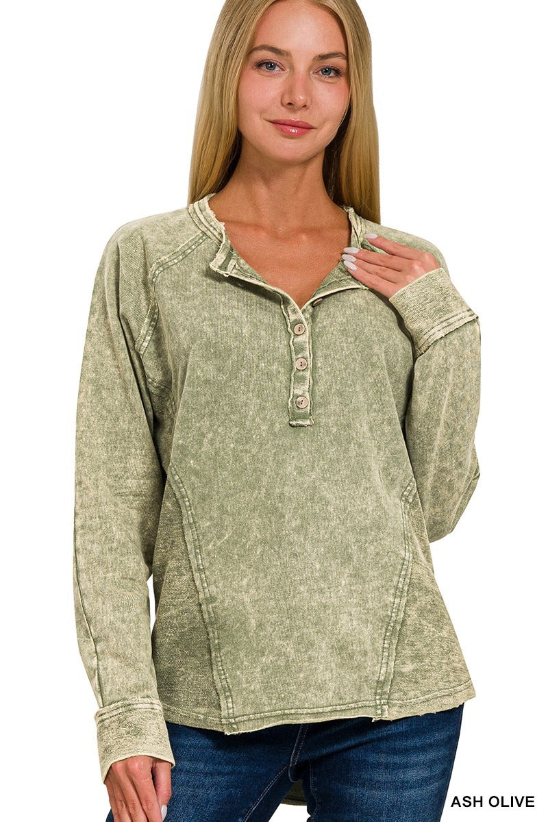Washed French Terry Button Henley Raglan Top
