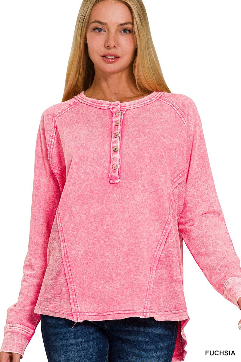 Washed French Terry Button Henley Raglan Top