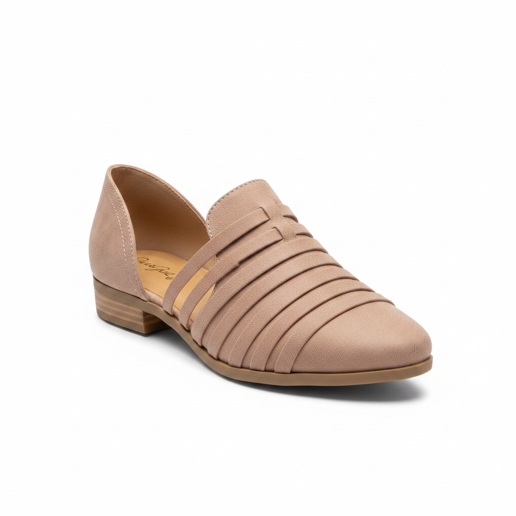 Qupid warm taupe cage strap d'Orsay flat, three-quarter front studio view, cut-out straps and pointed toe
