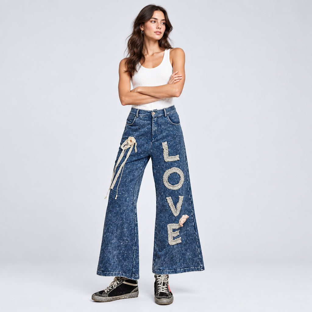 POL Clothing indigo LOVE appliqué wide-leg pants, front full-length view