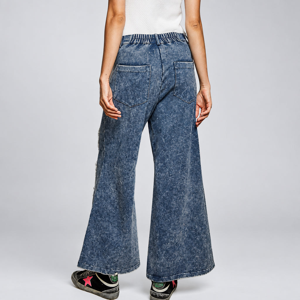 POL Clothing indigo LOVE appliqué wide-leg pants, back view with pockets