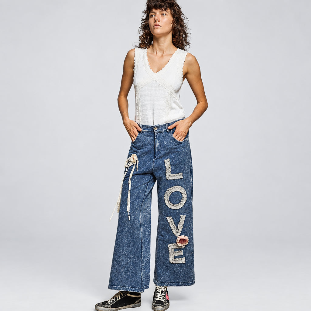 POL Clothing indigo LOVE appliqué wide-leg pants, front detail with flower and lace trim