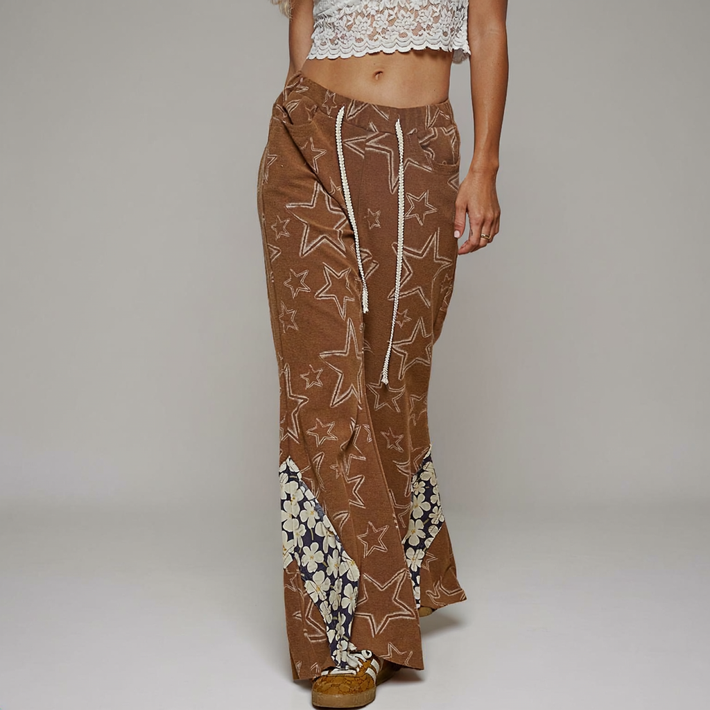 POL Star Print Floral Patchwork Flare Pants in Rust Brown