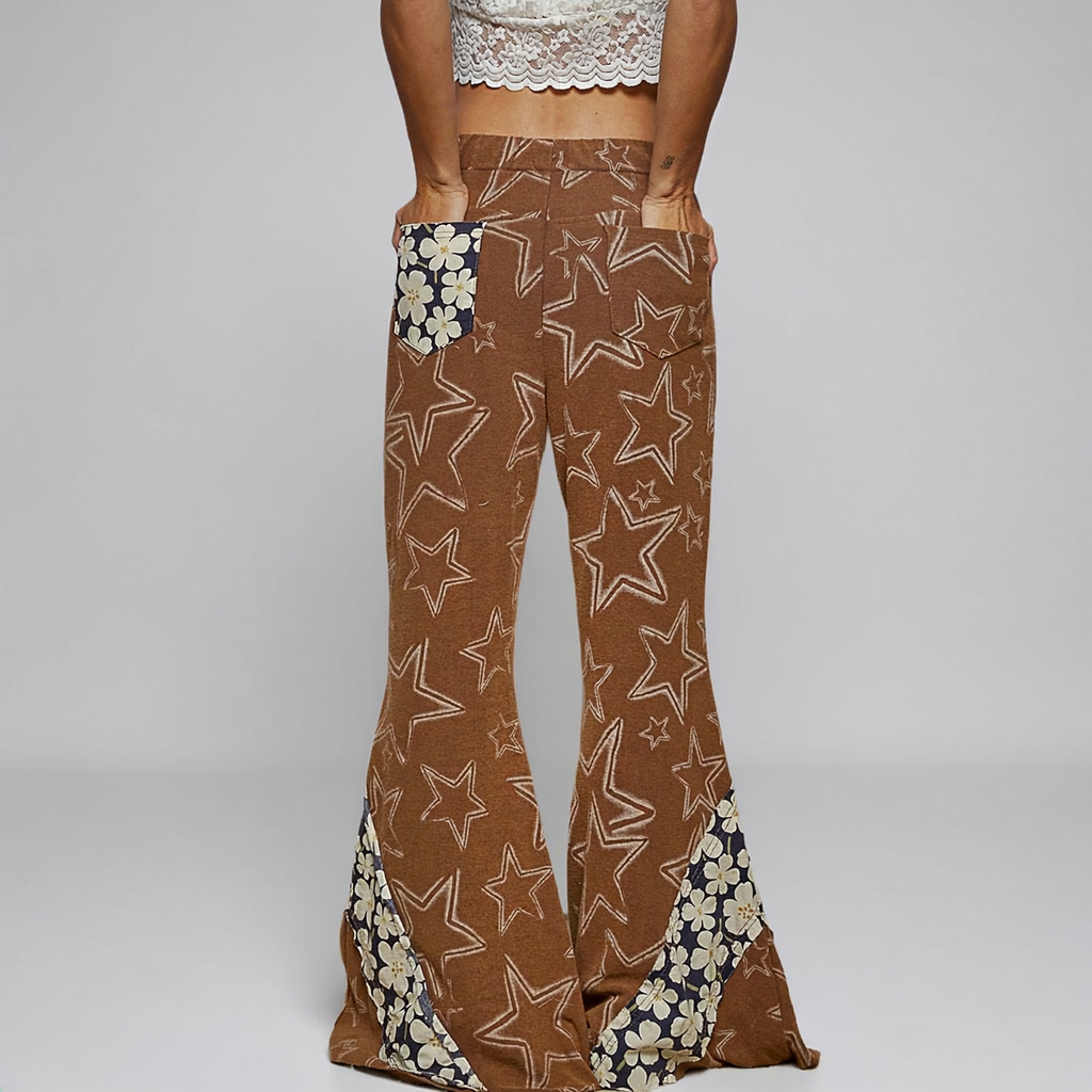 POL Star Print Floral Patchwork Flare Pants in Rust Brown