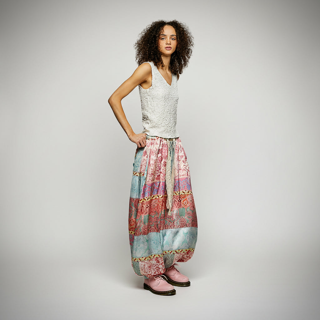 Women's pink multi patchwork paisley wide-leg pants with lace trim detail, relaxed wide-leg boho silhouette
