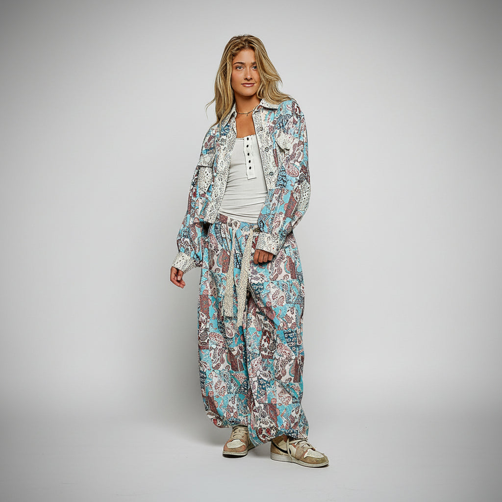Women's blue multi patchwork paisley wide-leg pants, relaxed fit, side view showing floor-length drape - BellanBlue