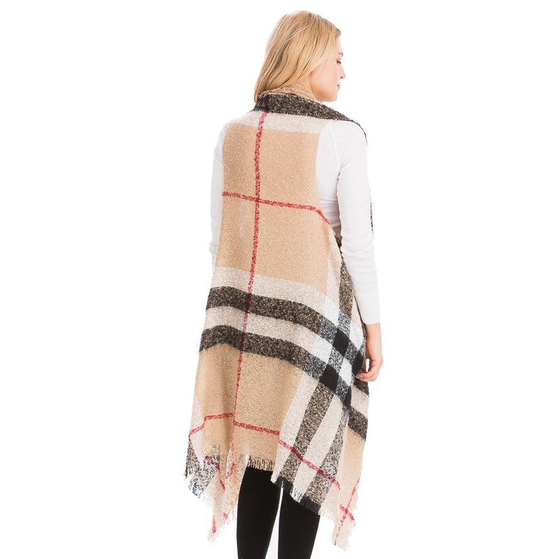Women's camel and black plaid poncho wrap, front view, fringe hem, oversized open-front silhouette