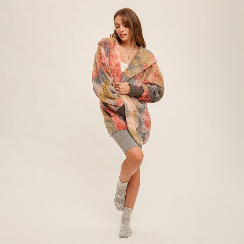 Be ready to look your best with this Women's Soft, Cozy Tie Dye Fur Jacket vintage red moss front video close.