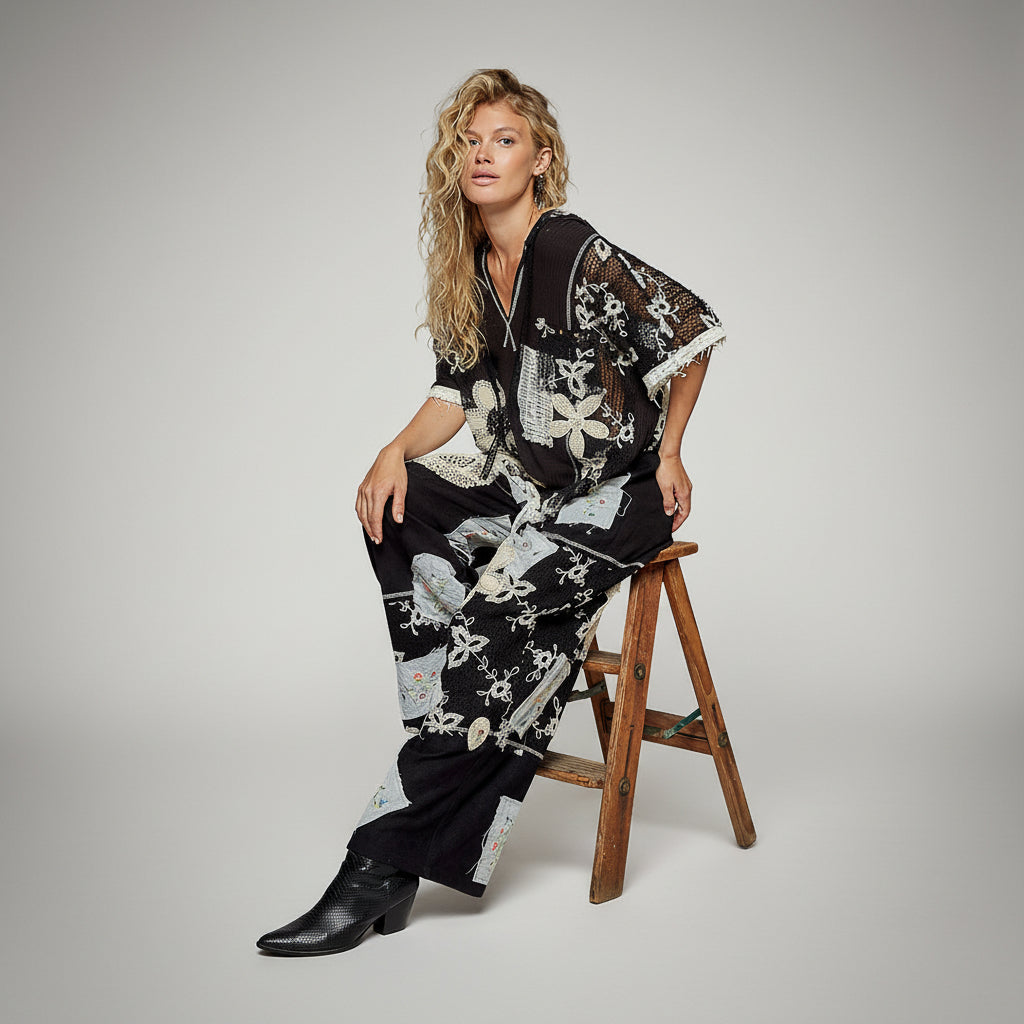 Women's black wide-leg lace patchwork pants seated pose relaxed woven fit boutique style