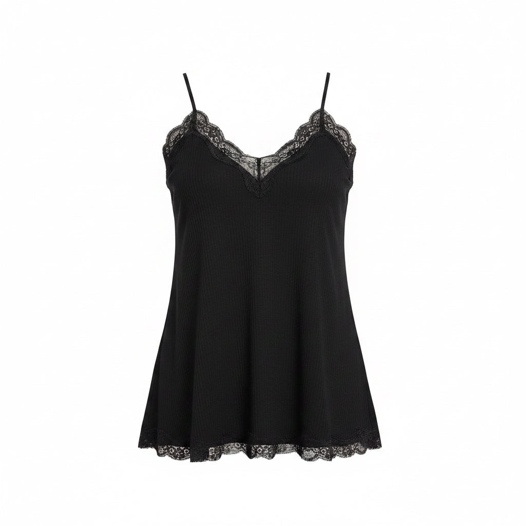 Women's POL black ribbed knit tank top scalloped lace V-neckline A-line swing fit front view white background
