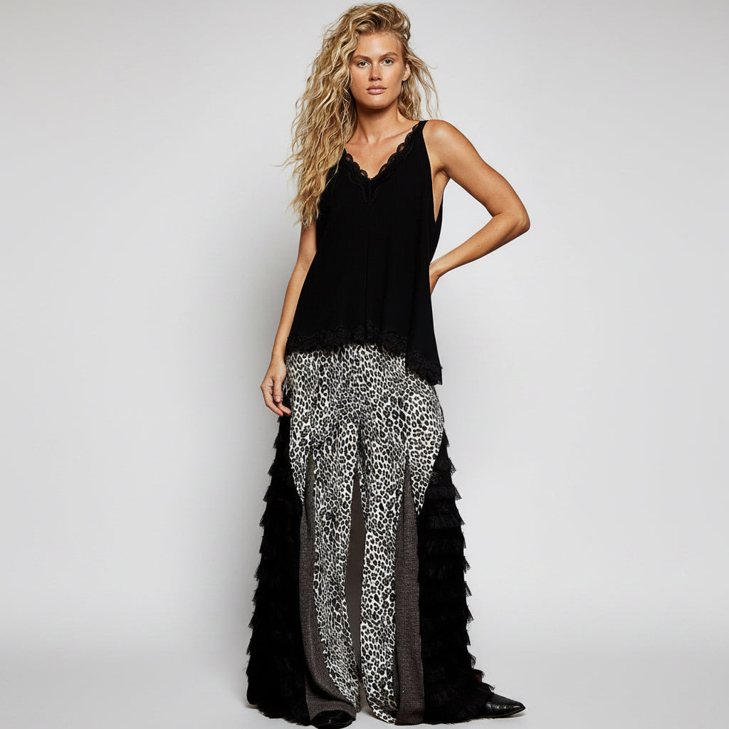 Women's POL black lace trim ribbed tank top full length styled with ruffle wide-leg pants boho look
