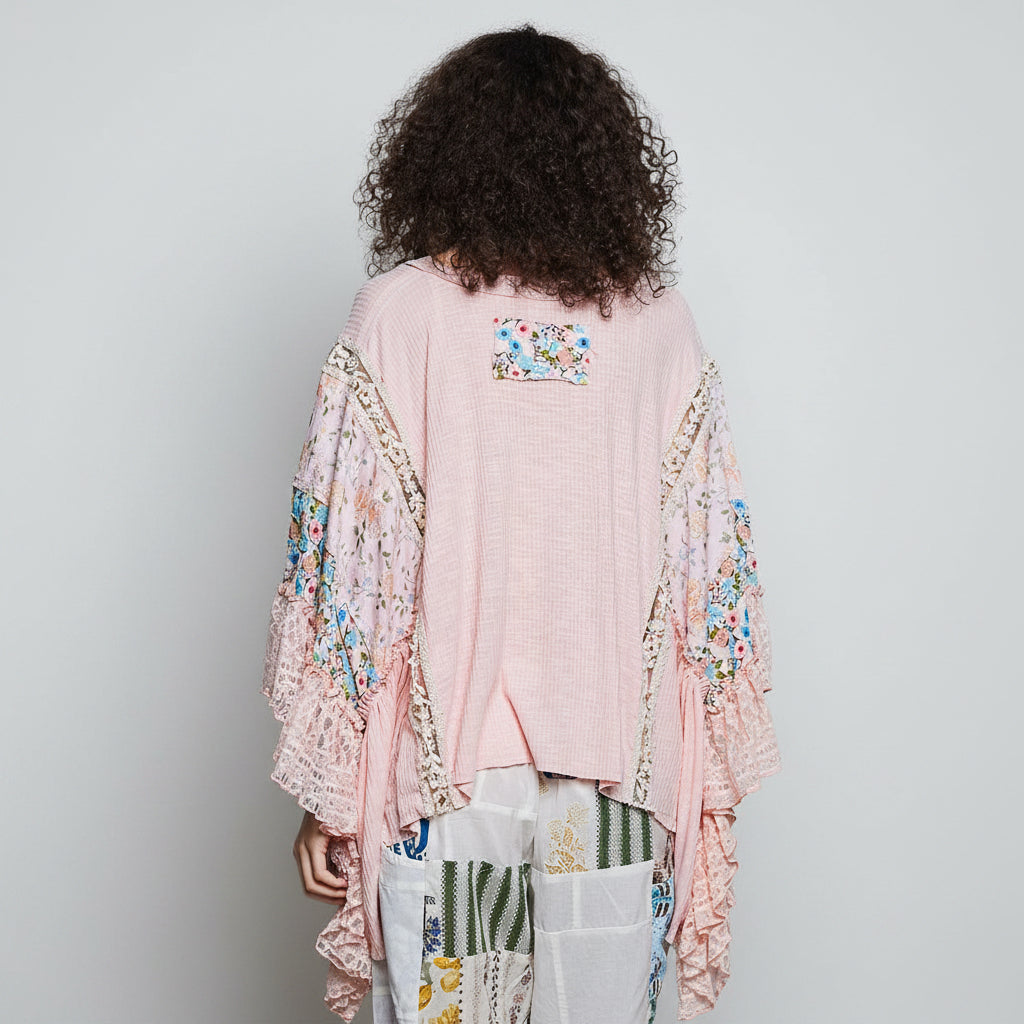 POL Clothing Patchwork Floral Lace Bell Sleeve Poncho Top in Blush Back View - BellanBlue
