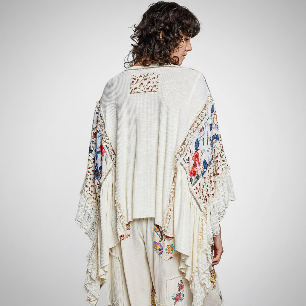 POL Clothing Patchwork Floral Lace Bell Sleeve Poncho Top in Natural Back View - BellanBlue
