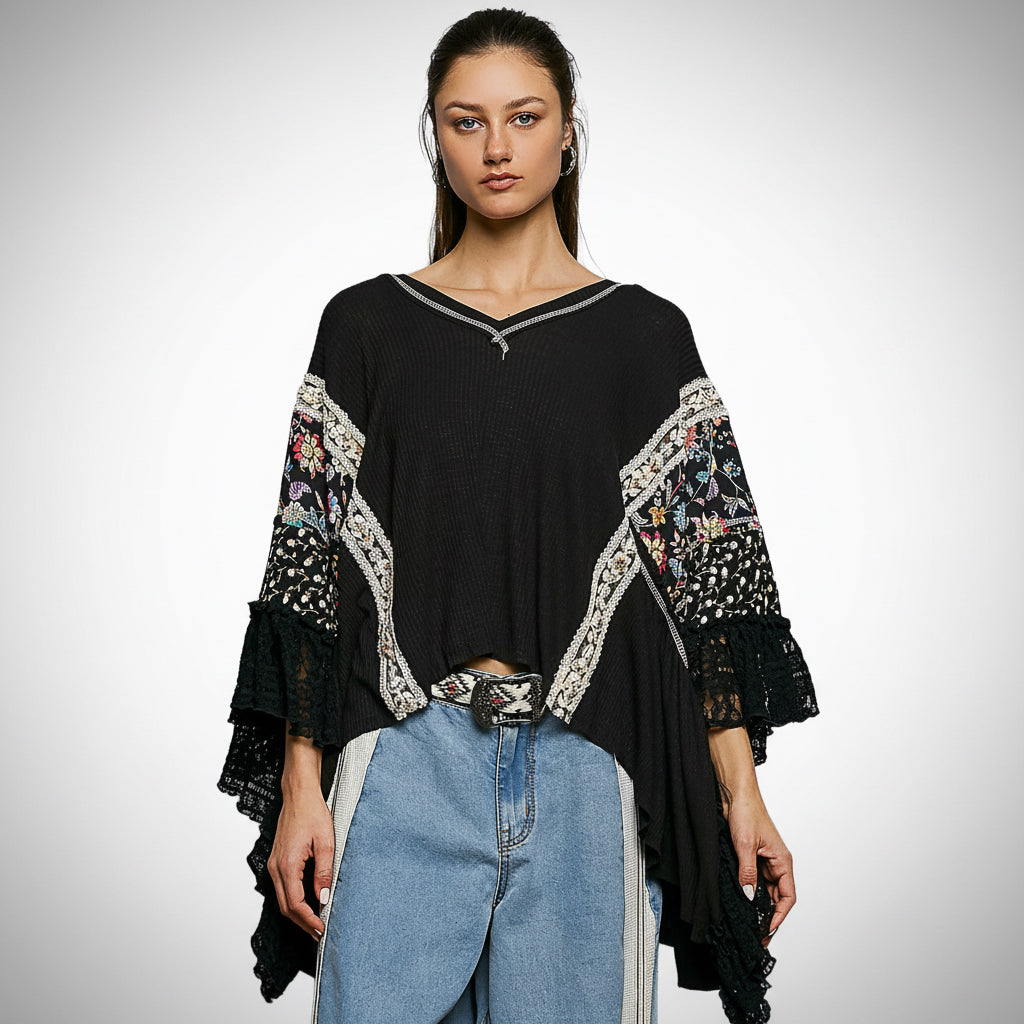 POL Clothing Patchwork Floral Lace Bell Sleeve Poncho Top in Black - BellanBlue
