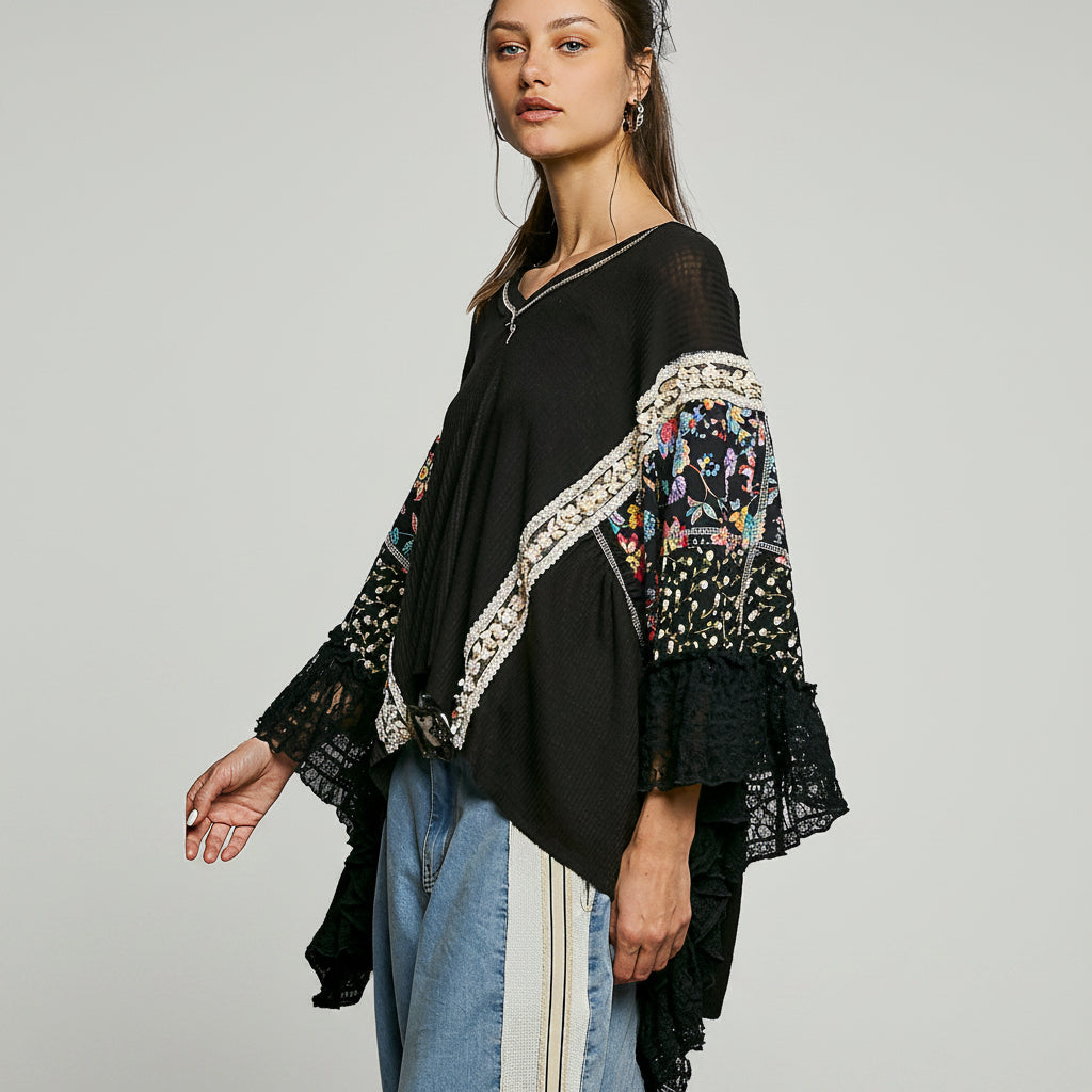 POL Clothing Patchwork Floral Lace Bell Sleeve Poncho Top in Black - BellanBlue
