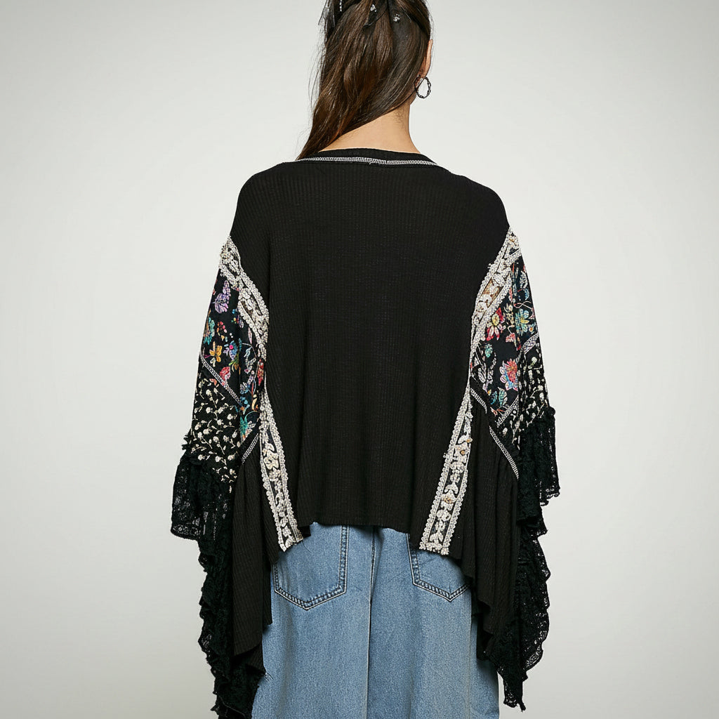 POL Clothing Patchwork Floral Lace Bell Sleeve Poncho Top in Black Back View - BellanBlue
