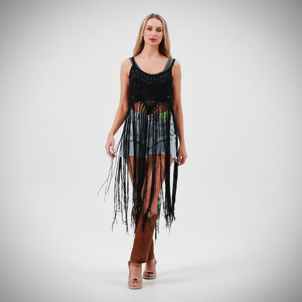 Women's black crochet macramé fringe boho top, relaxed open-weave fit, front view - BellanBlue