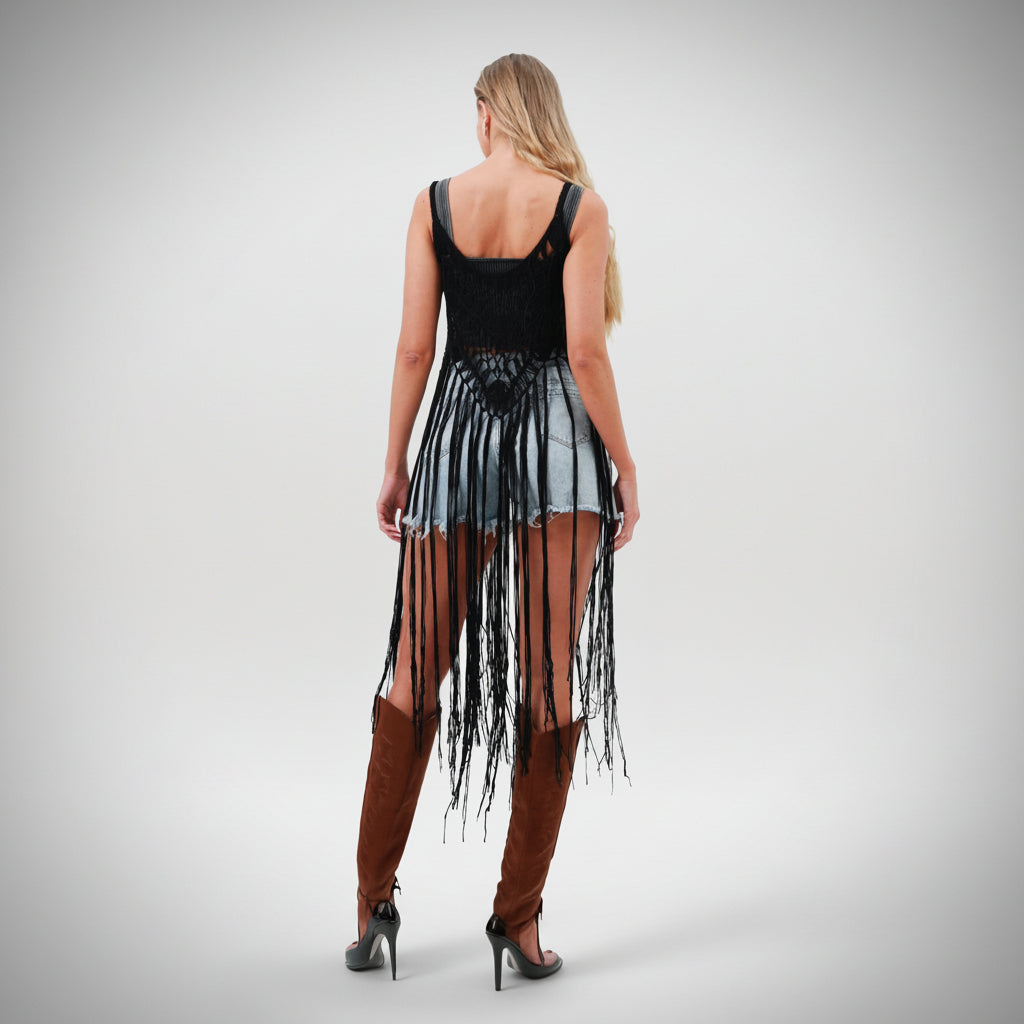 Women's brown crochet fringe boho top, spaghetti strap silhouette, floor-length tassel detail
