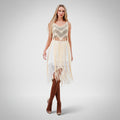 Women's natural crochet macramé fringe top, relaxed fit, front view with full fringe length