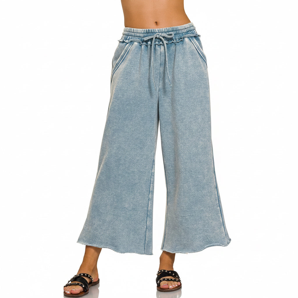 Zenana women's blue grey acid wash wide-leg fleece palazzo pants, front view on white - BellanBlue
