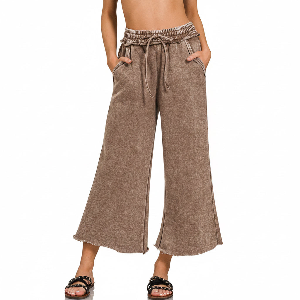 Zenana women's mocha acid wash wide-leg fleece palazzo pants, front view on white
