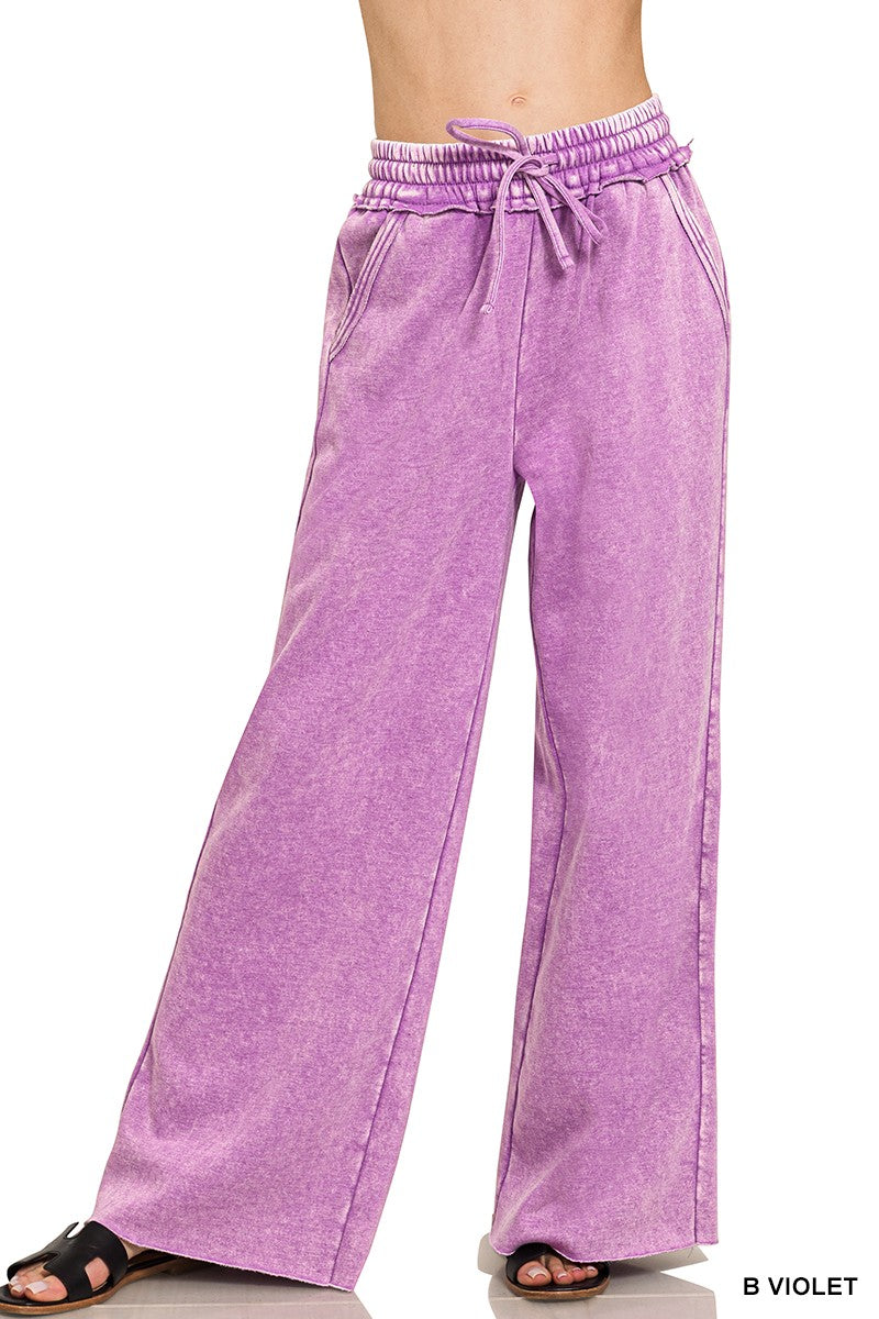 Zenana B Violet mineral wash wide-leg fleece palazzo pants, full-length front view on model
