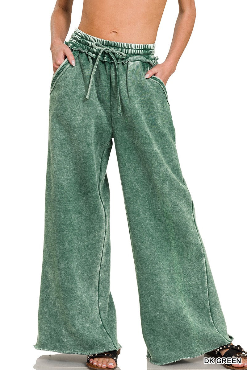 Zenana Dark Green mineral wash wide-leg fleece palazzo pants, full-length front view on model
