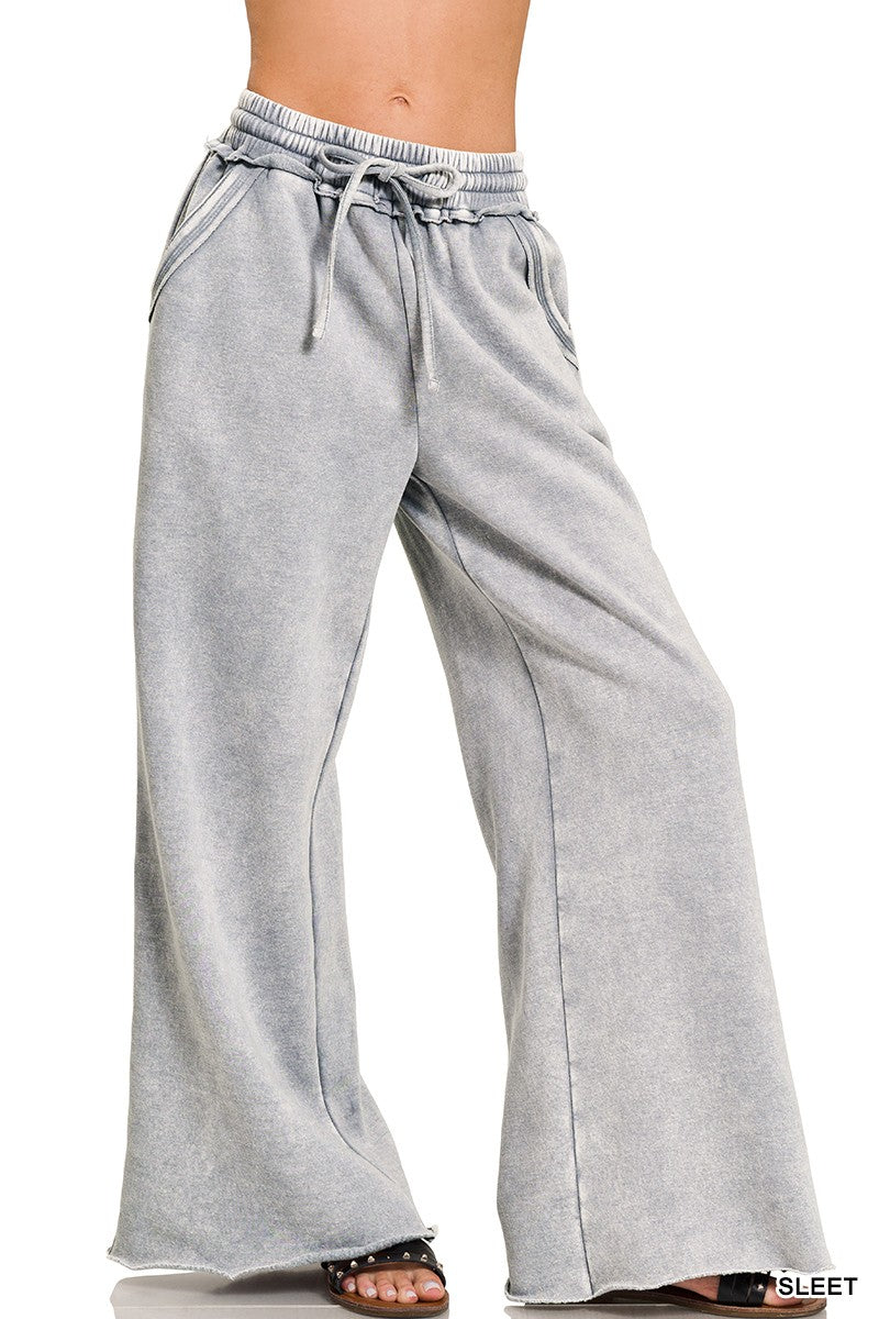 Zenana Sleet mineral wash wide-leg fleece palazzo pants, full-length front view on model - BellanBlue
