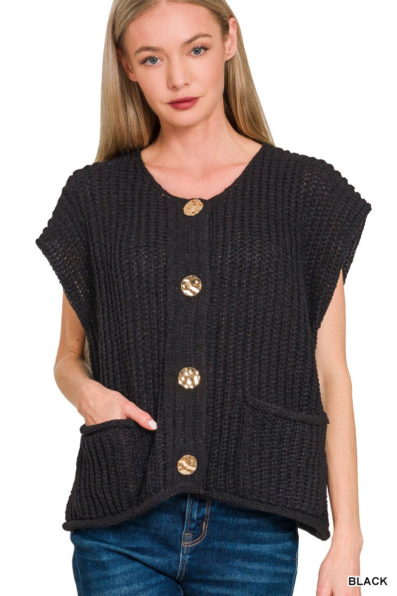 Zenana Ribbed Knit Button-Front Sweater Vest