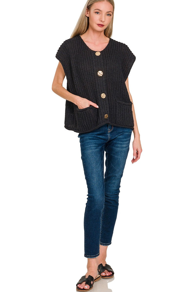 Zenana Ribbed Knit Button-Front Sweater Vest