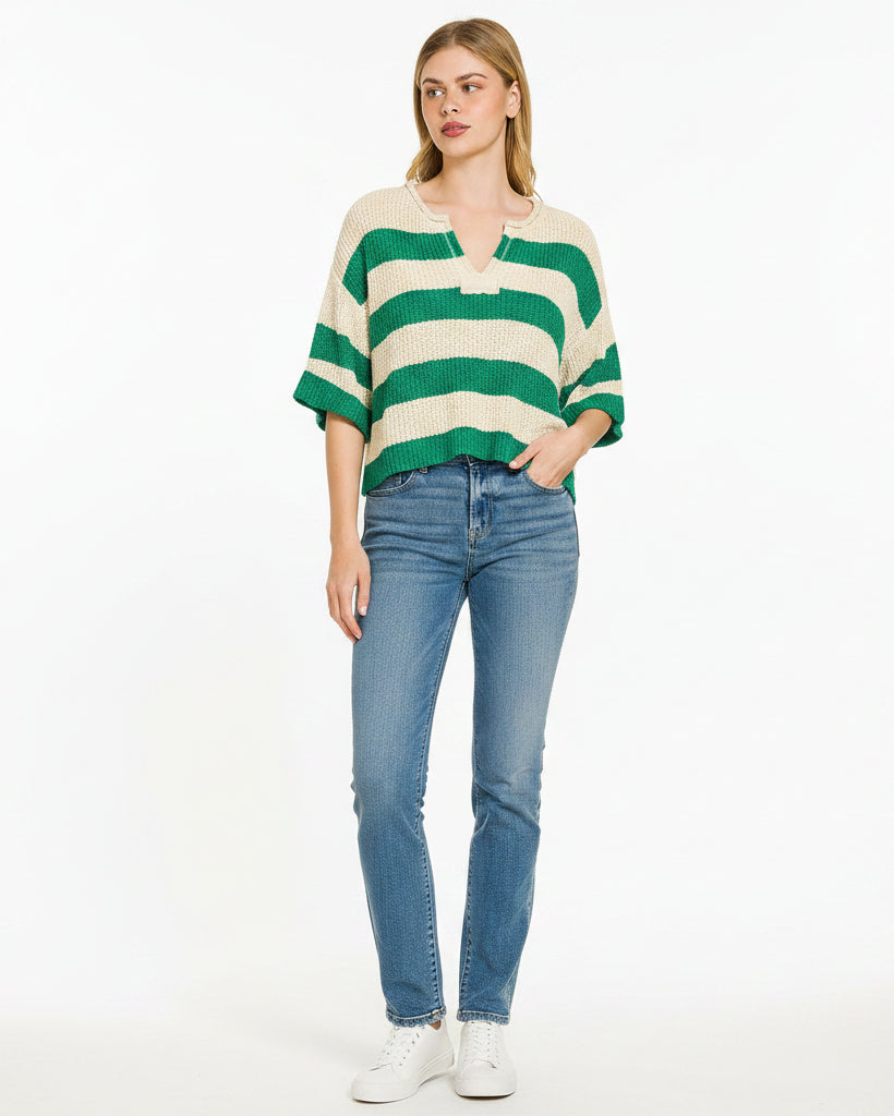 Zenana Green Stripe Knit Crop Sweater