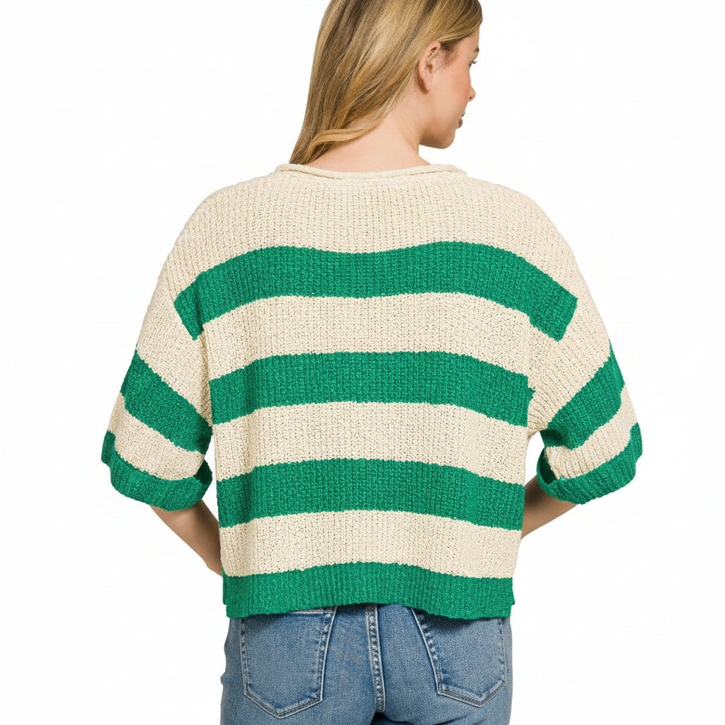 Zenana Green Stripe Knit Crop Sweater